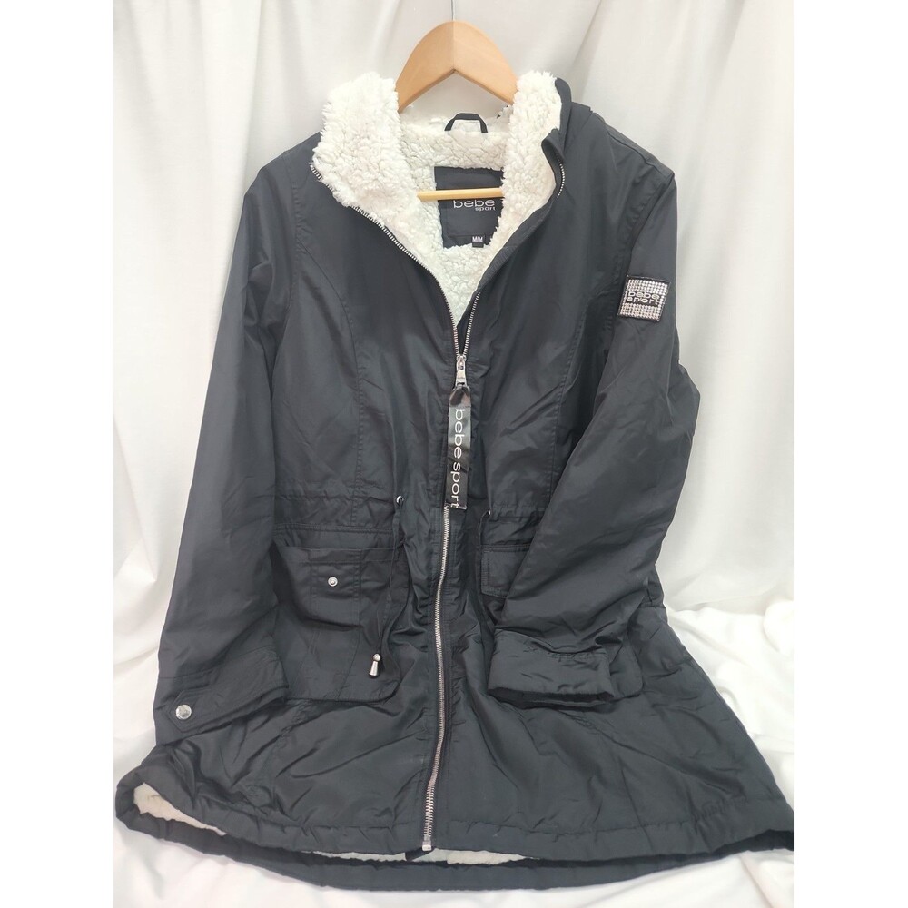 bebe sport Hooded Faux Sherpa Full Zip Jacket M/M Black With Sparkly Logo On Arm